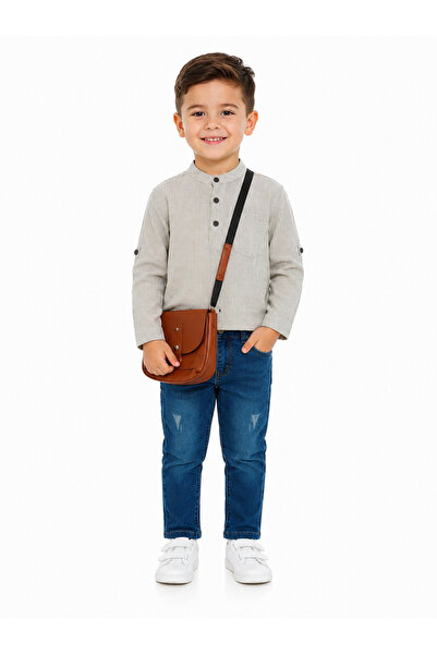gülerçocuk Boy's Elegant Collar Striped Shirt Jean Pants Bag Set Stylish Comb...