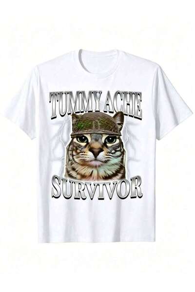 21JNRY Funny Cat Meme T-Shirt Men – 'Tummy Ache Survivor' Sarcasm Humor, 100%...