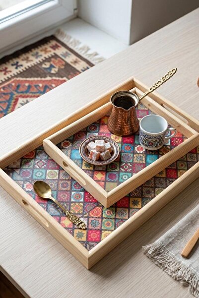 ALBETTO 3-Piece Wooden Tray, Ethnic Pattern Decorative Tray