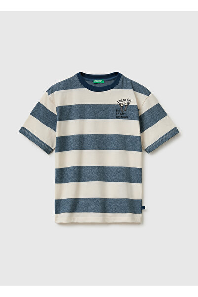 United Colors of Benetton Boy's Blue and White Embroidered Striped Short Slee...