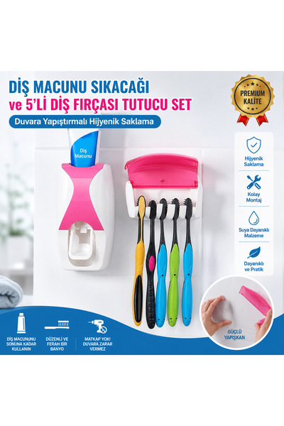 KONTEF Diş Macunu Sıkacağı Ve 5’li Diş Fırçalığı Macun sıkıcı diş fırçası tutucu