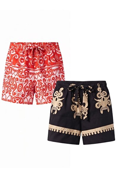 Flubutik 2Li Woven Viscose Short Shorts Black+Red Embroidery