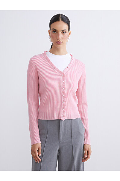 LC Waikiki Frilled V Neck Women's Knitwear Cardigan