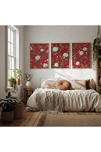 woodhomeworks Wooden Framed 3 Piece Painting Red Peony Qmrc