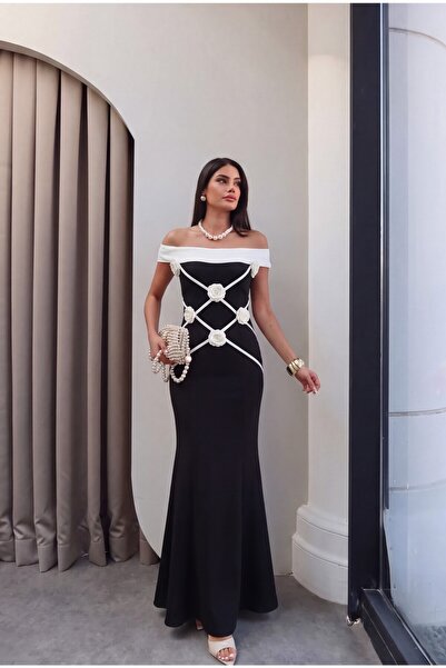 ALFUDO Moda Collection Carmen Collar Flower Detailed Black and White Fish Eve...