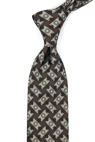 Kravatkolik Coffee Beige Motif Pattern Classic Tie with Handkerchief Kk13938