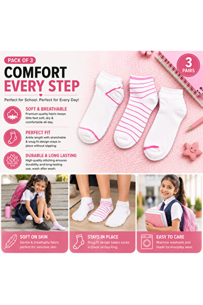 ninex Girls Ankle Socks Pack of 3 | Soft Breathable Cotton Blend Low Cut Casu...