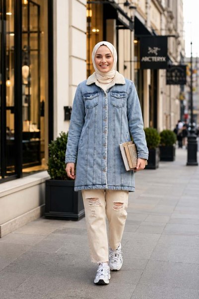 Hb Harma Time Butik Women's Buttoned Pocketed Fur Lined Denim Blue Jacket