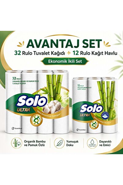 Solo Avantaj Set Ultra Kağıt Havlu 12 Li Rulo + 32 Rulo Tuvalet Kağıdı Organi...