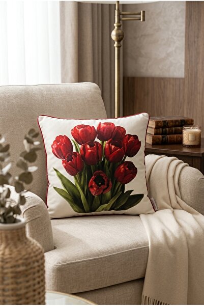 Rayda Home Decorative Red Tulip Printed Cushion Cover with Piping Detail and ...