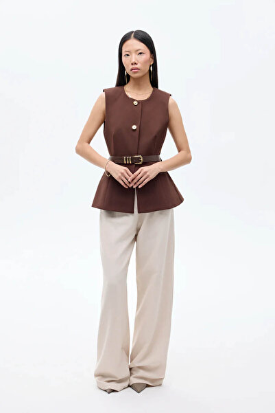 Quzu Brown Women's Vest with Belt Accessories Ylk00163