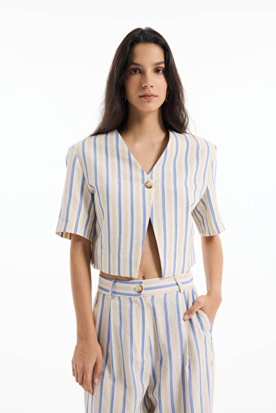 Quzu Label Detailed Crop Ecru Women's Jacket Ckt00449