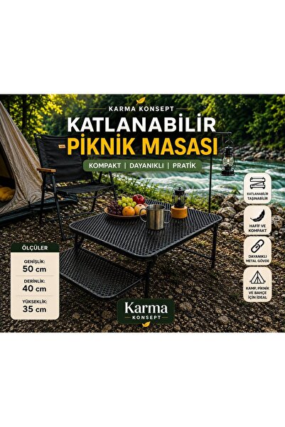 Katlanabilir Metal Kamp ve Piknik Masası Delikli Portatif Hafif Seyahat Masası Siyah 50x40x35 cm