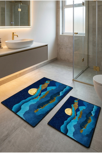 Serteks Dolunay Gece Manzaralı Yıkanabilir Kaymaz Taban 2li Banyo Paspas Seti...