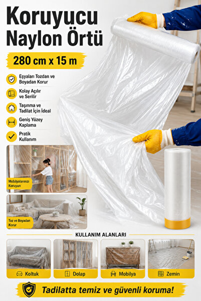 ALL FAST Boya Badana Eşya Koruma Örtüsü 280 cm x 15 Metre Yapışkanlı Hışır Örtü