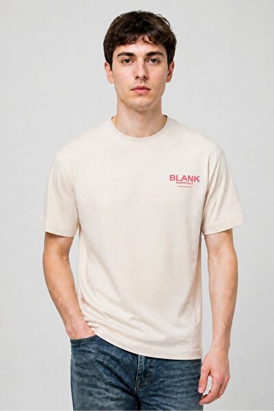 BLANK ESSENTIALS Men Crew Neck Short Sleeve Brand Logo T-Shirt, Beige