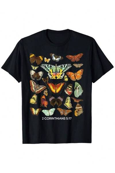 LİNA06 Christian Verse 2 Corinthians 5 17 TShirt With Colorful Butterfly Scri...