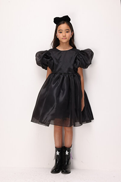 Le Mabelle Black Balloon Sleeve Girls' Satin Dress - Dona