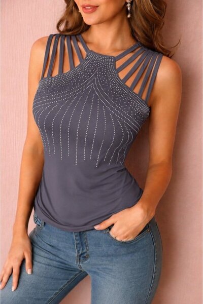 UFC 1985 TOP BRAND Women's Shoulder Strap Stripe Detailed Stoned Viscose Blouse