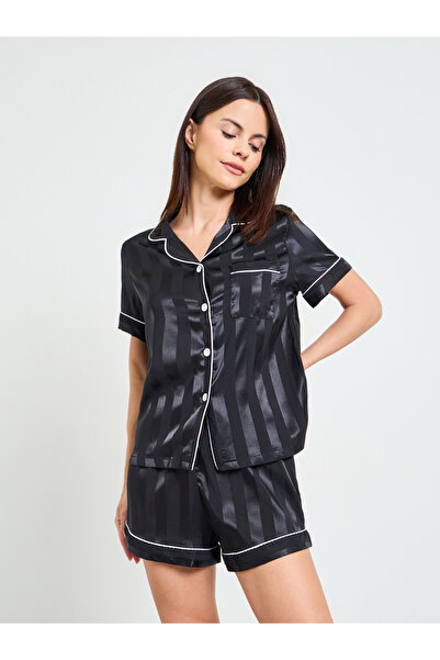 Take Two By Styli Black Striped Satin Shirt and Shorts Pajama Set