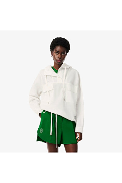 Lacoste Kadın Oversize Fit Kapüşonlu Beyaz Yağmurluk
