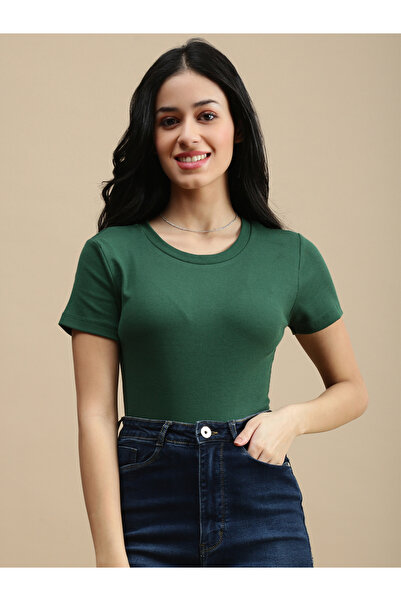 De Moza By Styli Dark Green Cotton Ribbed Fitted T-Shirt