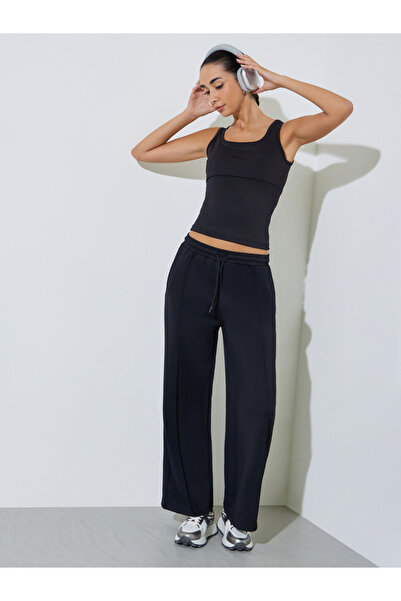 Styli Black Scuba Wide Leg Joggers with Piping Detail