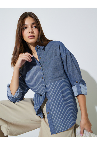 Styli Blue Longline Striped Pocket Detail Button-Up Shirt