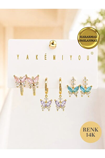 POKAK Özel Seri 6'lı 14K Gold Kaplama Suya Dayanıklı KELEBEK Zirkon Çelik Küp...