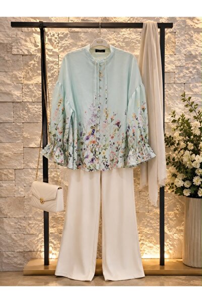 MODA S&S BZLİNE Floral Pattern Digital Printed Princess Sleeve Shirt