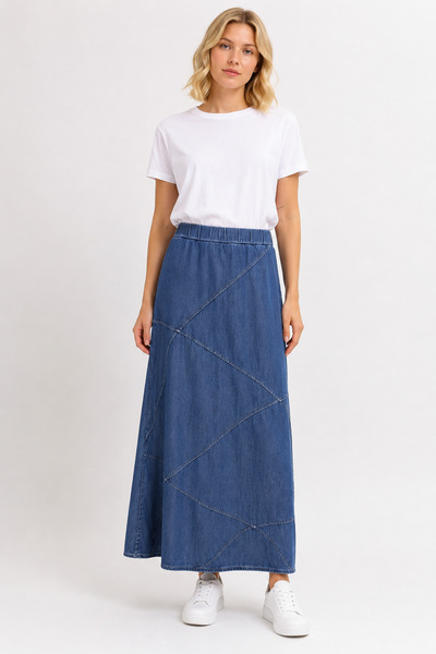 bihan store Beli Elastic Asymmetrical Cut Draped Denim Skirt 7557-Blue
