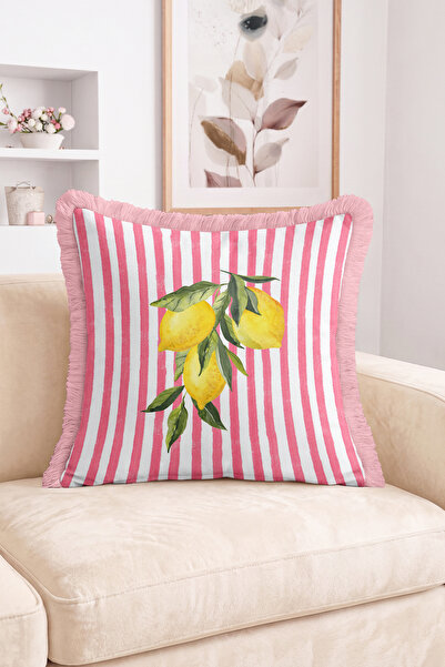 Realhomes Lemon and Leaf Figured Striped Design Fringed Throw Pillow Cover - ...