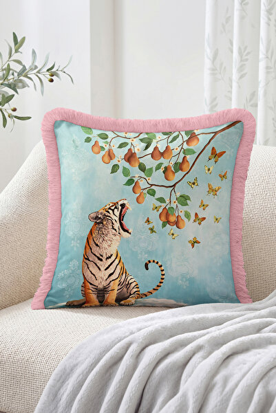 Realhomes Fringed Throw Pillow Cover with Roaring Tiger and Butterfly Pattern...