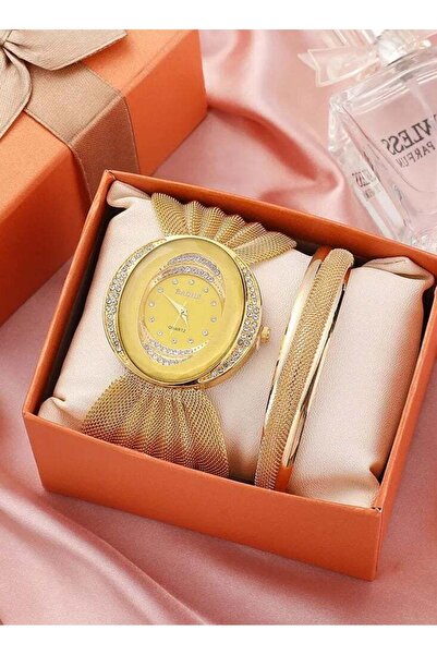 Sparklepals طقم هدايا من قطعتين: ساعة ذهبية وسوار - وجه الساعة مزين بالكريستا...