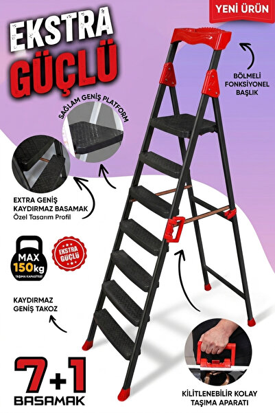 ZE Zigana Ev Gereçleri Elegance Siyah 7+1 geniş basamaklı ekstra sağlam katla...
