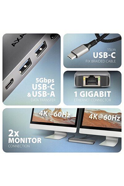 NO BRAND Stație de andocare axagon hmc 7hx2 USB C 5gbps Afișaj Dual 4K Hub 7-...