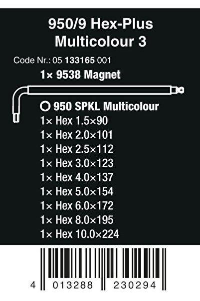 wera SET DE CHEI DE PIN 950/9 HEX-PLUS MULTICOLOU 3 9CZR 05133165001