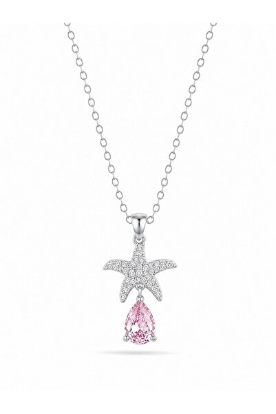 serelya 316L Steel Chain Silver Color Star Model Pink Drop Stone Model Necklace