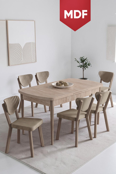 Canisa Exve Serisi 80x132 MDF Açılabilir Traverten Takımı ve 6 Cappucino Sand...