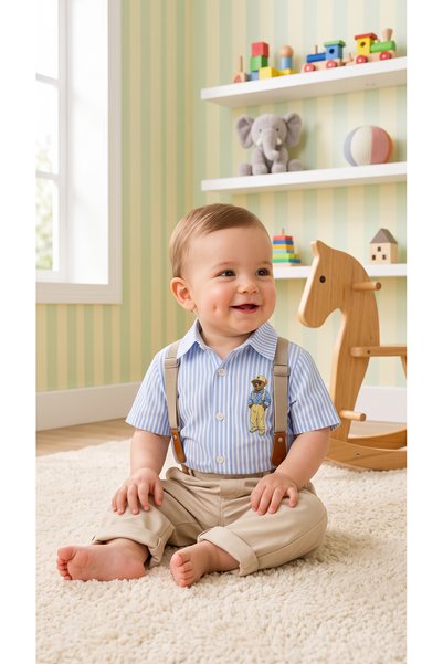 ASİLA Striped Teddy Bear Printed Shirt with Suspender Belt and Hat, Lycra Gabardine Trousers, 4-Piece Baby Boy Set