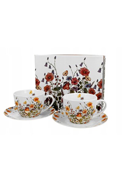 Duo Cești elegante pentru ceai și cafea CADOU flori de pajiște maci 2x280 ml
