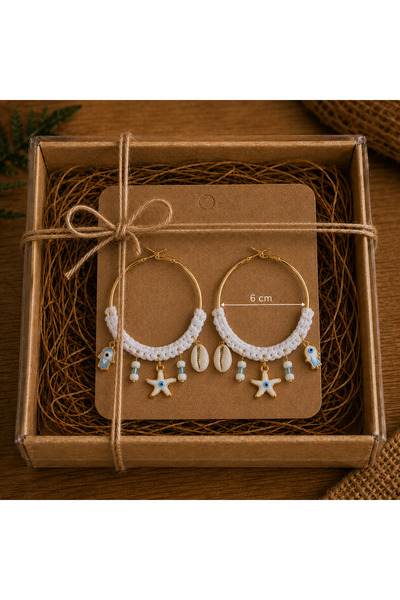 Librapera Concept White Knitted Detailed Sea-Themed Steel Hoop Earrings 6 cm