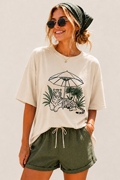 ArtYus Tiger Printed Crew Neck Casual Unisex Oversize T-Shirt - Safari Themed...