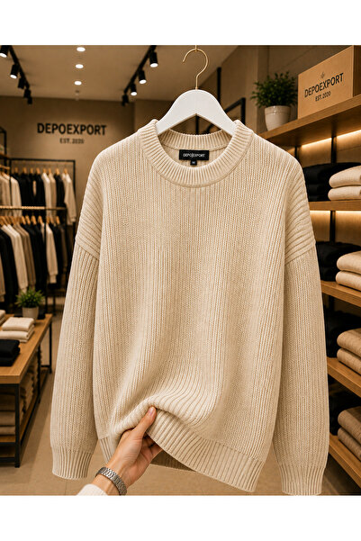 DepoExport Erkek Premium Oversize Yumuşak Bisiklet Yaka Triko Kazak