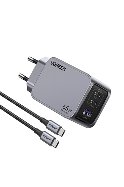 Ugreen Nexode Pro 65W GAN QC PD 2xUSB-C, 1xUSB-A Uzay Grisi Hızlı Şarj Cihazı