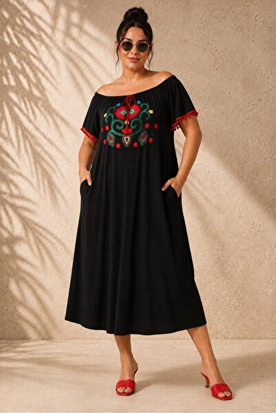 FOR ESRA BIG TREND Women's Plus Size Black Madonna Collar Front Embroidery La...
