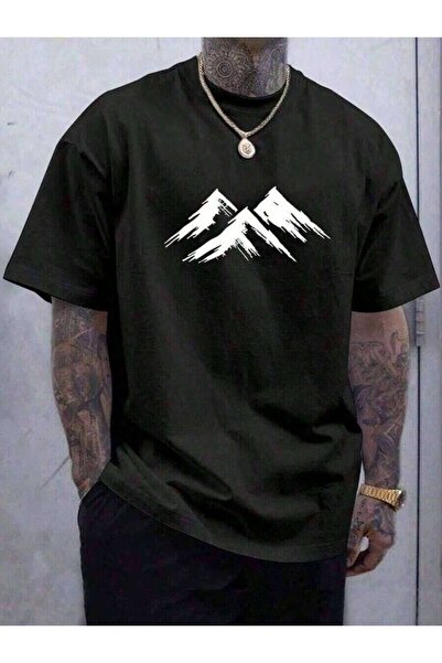 29CUN Manfinity Homme Men Round Neck Short Sleeve Mountain Print Black Tee Ca...