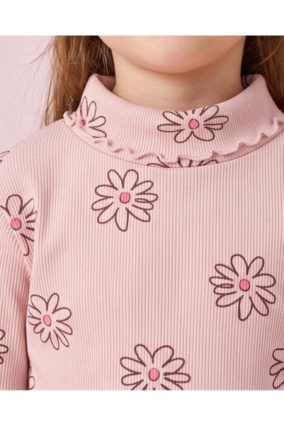 REDTAG Girls Pink Floral Print Rib High Neck T-Shirt