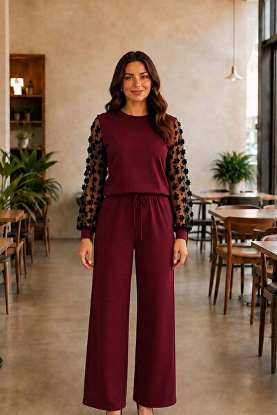 Mossta Tulle Sleeve Detailed Viscose Two-Thread Two-Piece Set - Burgundy