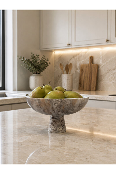 ESİLA MARBLE Doğal Traverten Ayaklı Meyvelik – El Yapımı Dekoratif Mermer Sun...